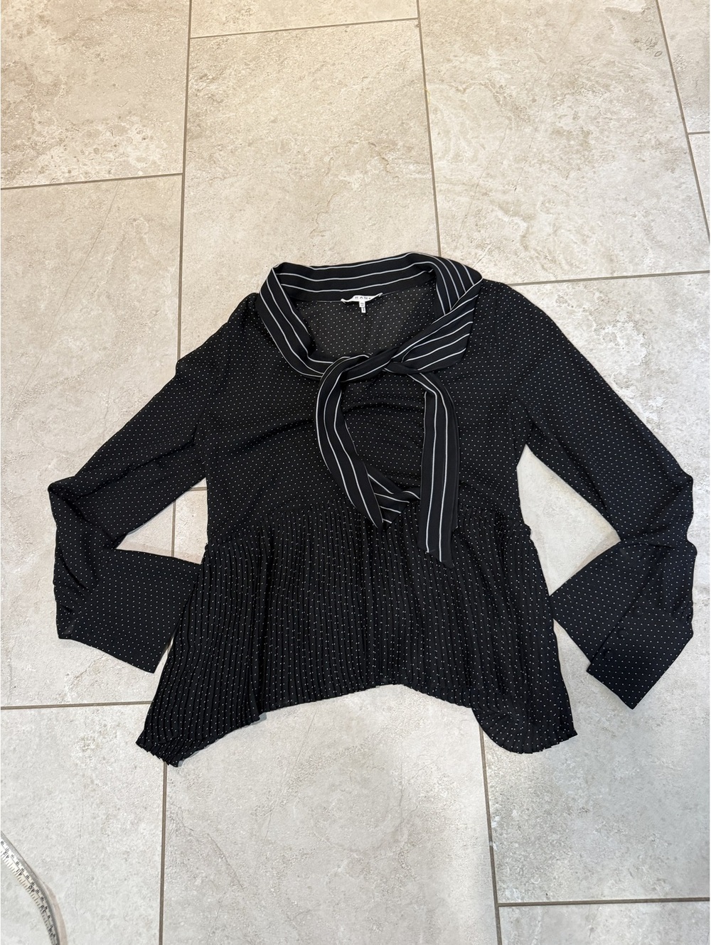 NWOT FRAME Black Long Sleeve Polka Dot tie neck top peplum bottom xs